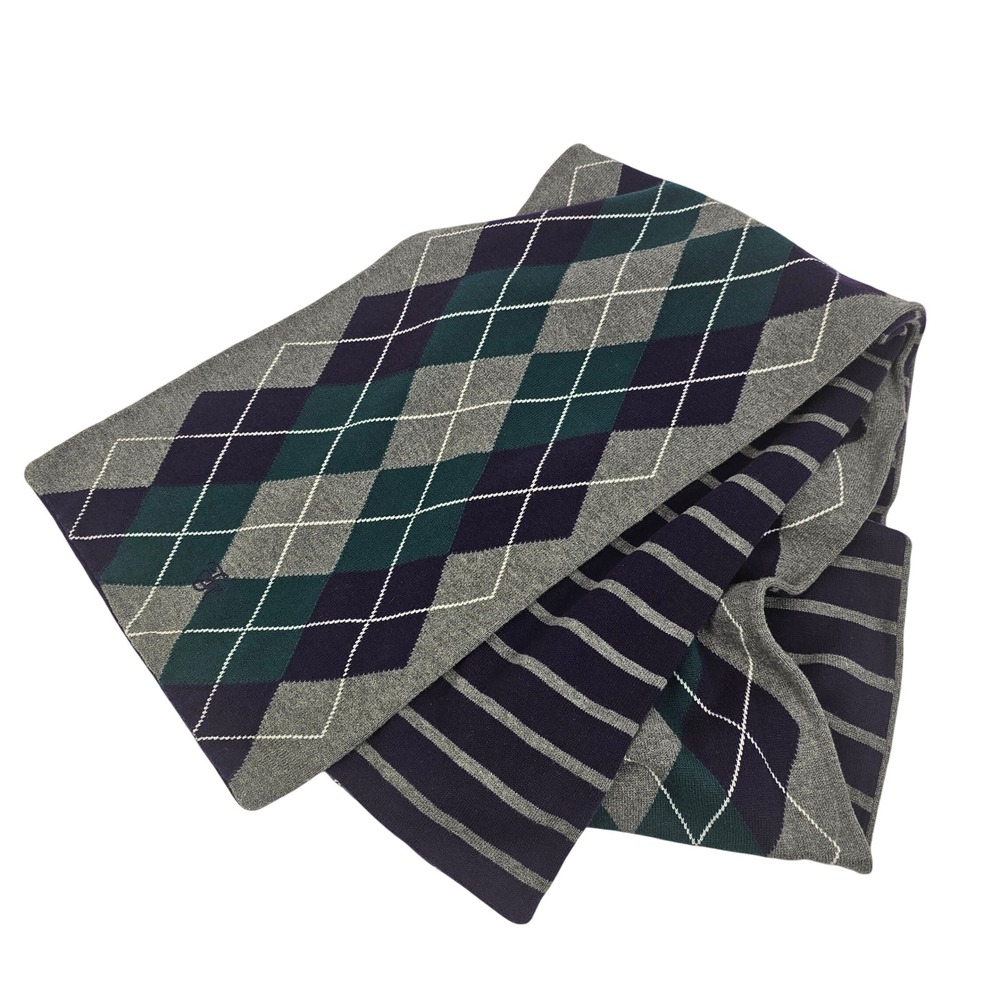 Tommy Hilfiger‎ Scarf 10x70" Cotton Purple Green Gray Argyle/Stripe Reversible